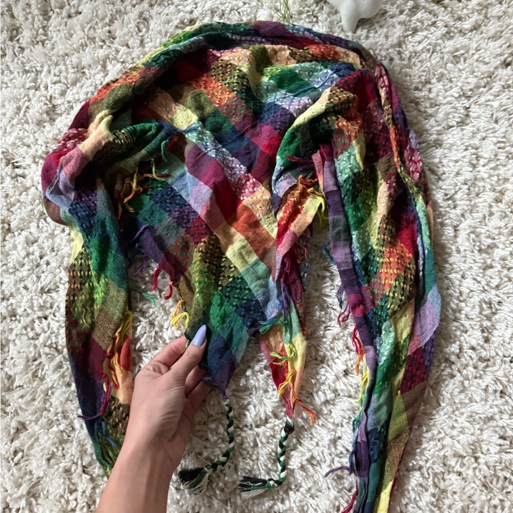 Multi-coloured plaid EDM festival, rainbow colorful rave scarf